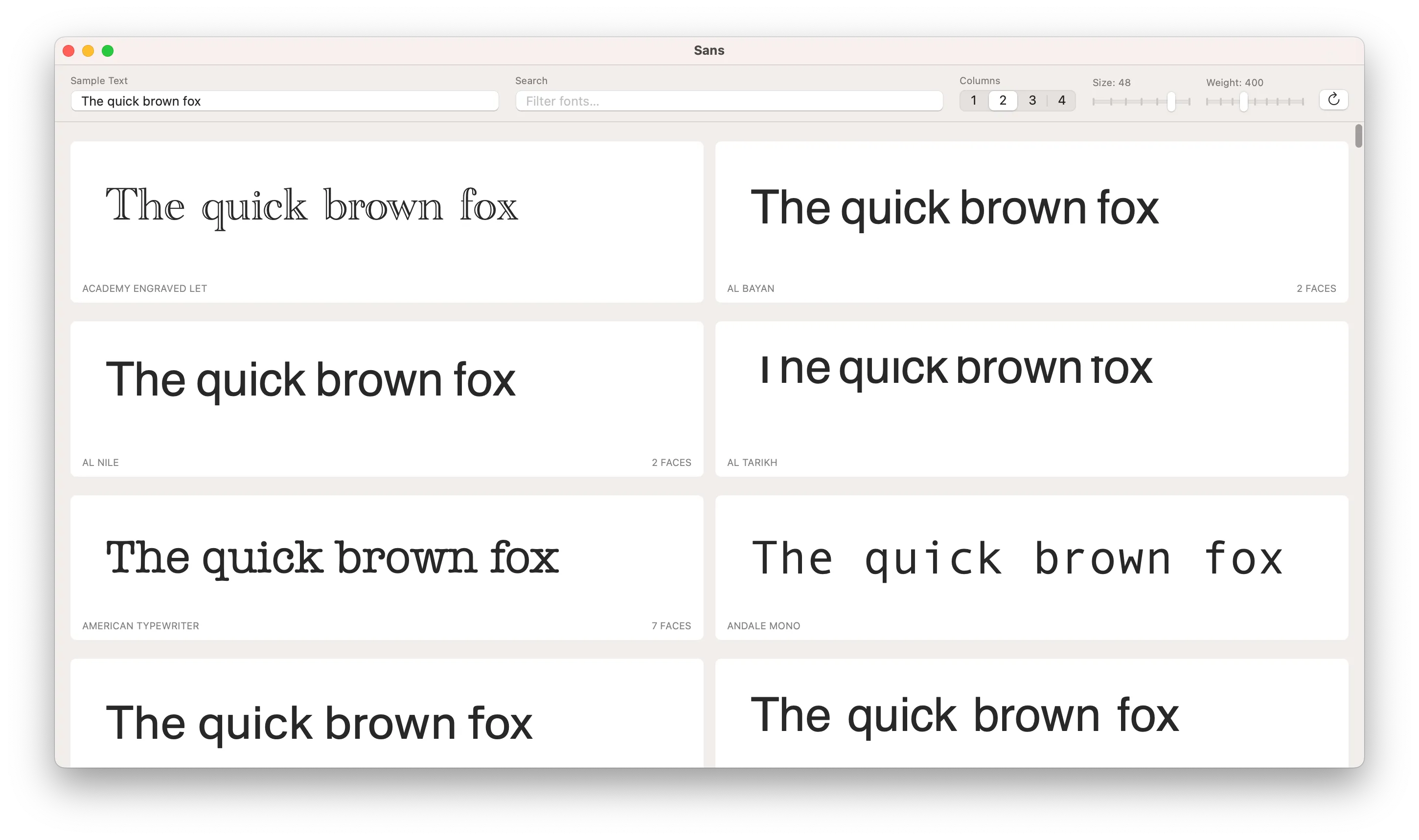 Sans window showing a 2-column grid of font previews with the sample text The quick brown fox