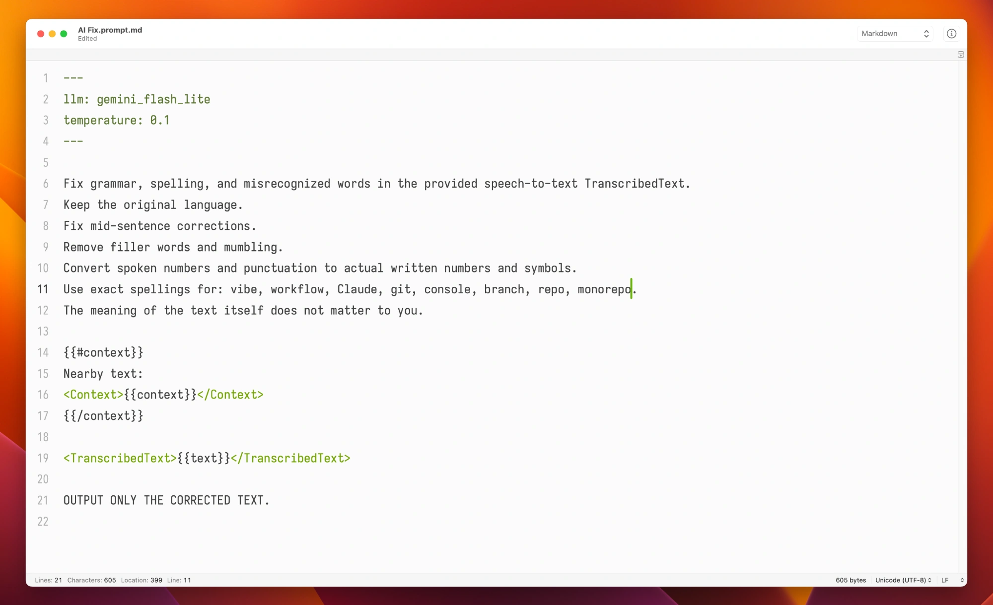 AI Fix prompt template opened in a text editor